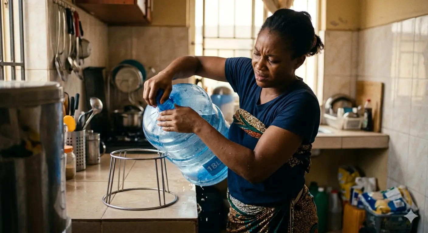 Person struggling to lift and pour a heavy water gallon