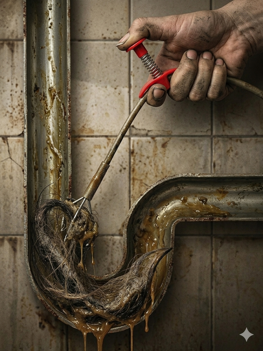 Hair and sludge blocking a household drain pipe — DrainFix Pro tool pulling the blockage out